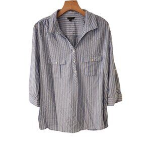 Cacharel Paris Shirt Button Up 3/4 Sleeve Blue Striped Metallic Womens XL EUC